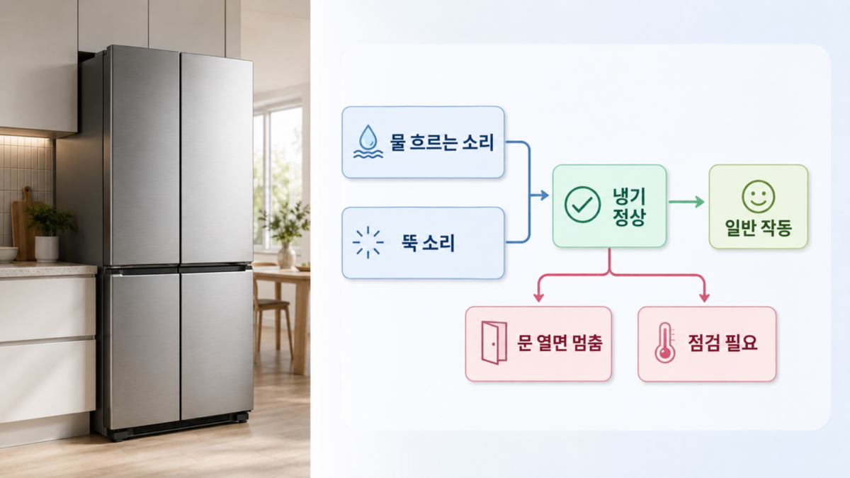 16:9 설명 이미지｜냉장고 작동음 점검 흐름